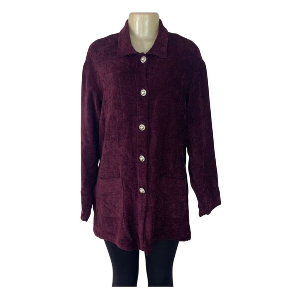 Vintage Jessica Howard Burgundy Button-Up Chenille Jacket With Front Pockets - Picture 1 of 9